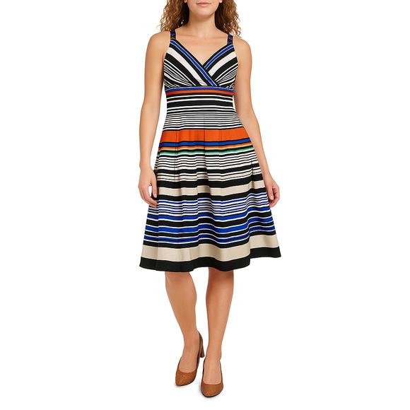 Calvin Klein Multicolor Striped Fit & Flare Pleated Sundress Cotton Stretch Midi - Picture 1 of 16